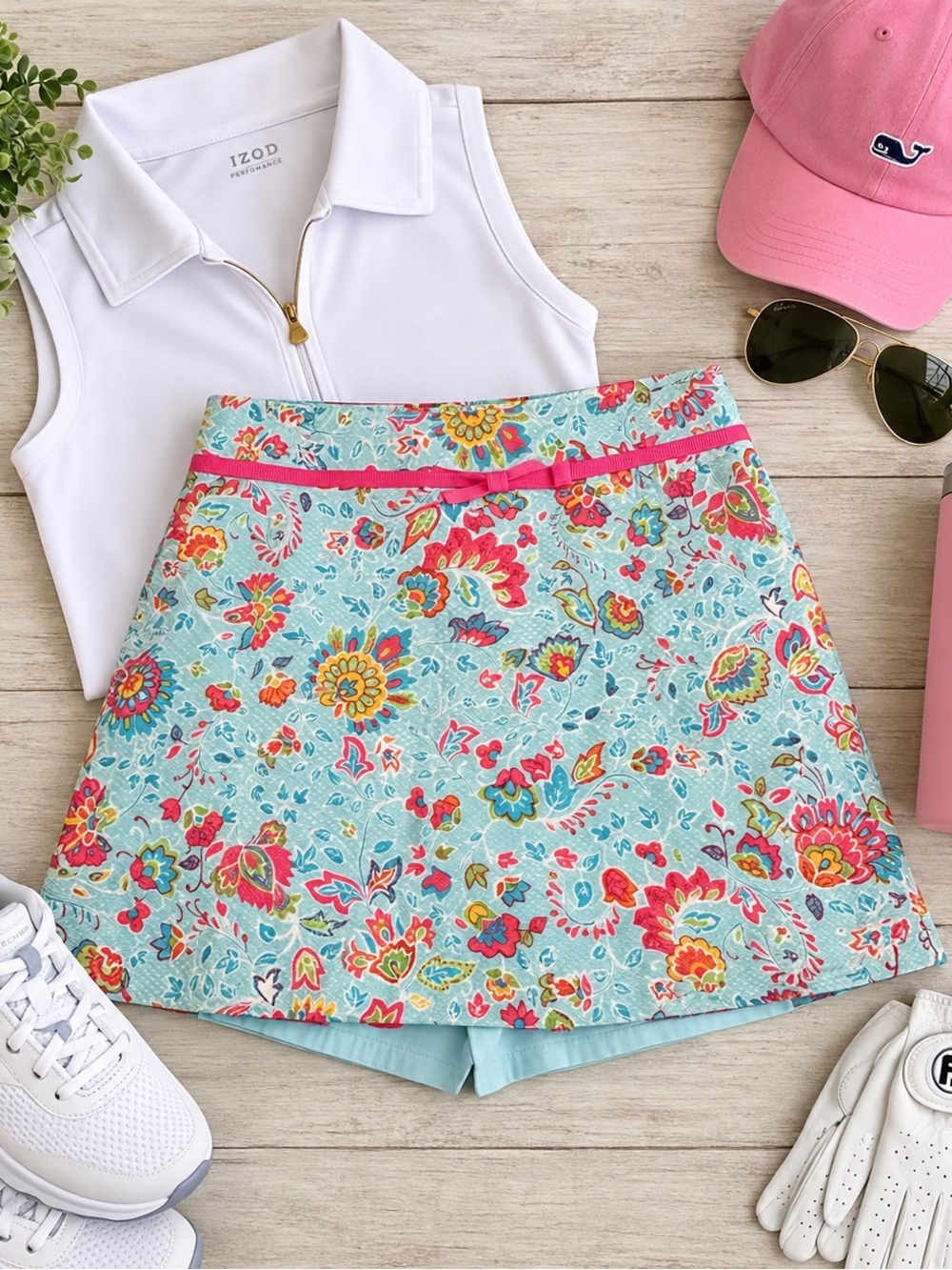 IZOD Women's Aqua Floral Golf Skort with Pink Trim